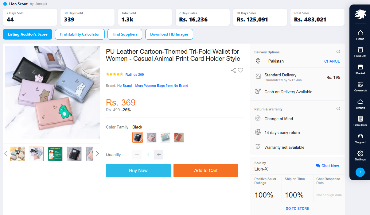 Lion Scout on a Daraz product page — 7-day, 30-day and total sales plus seller tools