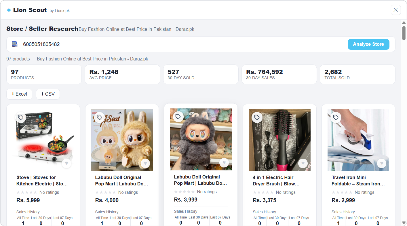 Lion Scout store research — analyze any Daraz seller's full catalog with product count, average price and 30-day sales